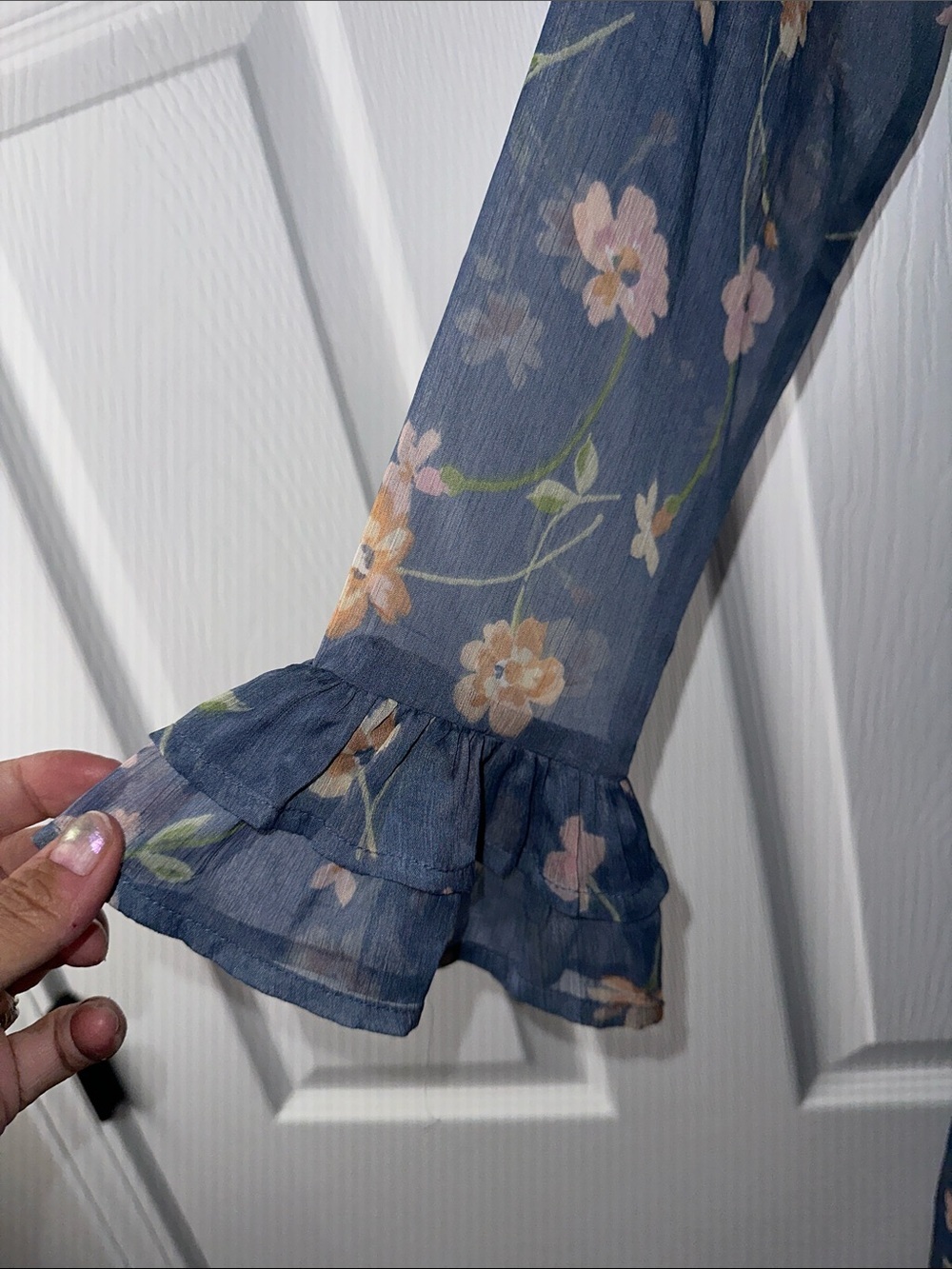Patrons of Peace Blue Floral Tiered Midi Dress with Pink & Cream Accents - Picture 3 of 7